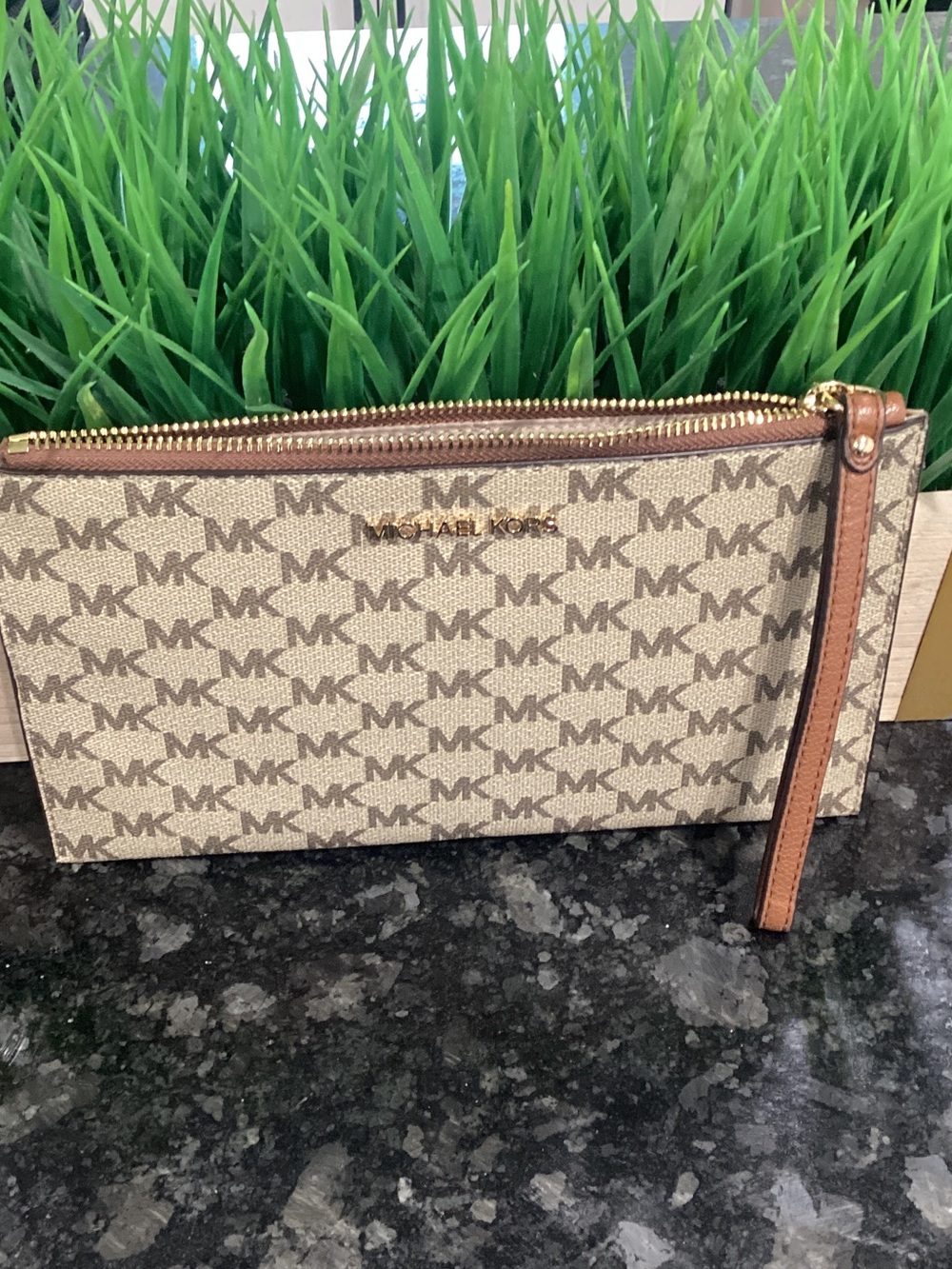 Michael Kors Brown Beige MK Logo Zip Pouch